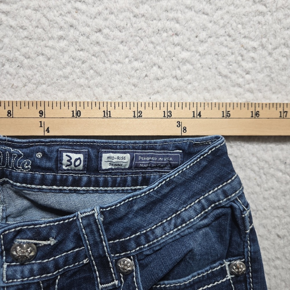 Miss Me Mid Rise Skinny Jeans Dark Wash Embroidered Rhinestone Size 30 - Picture 3 of 7